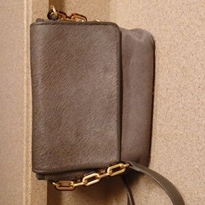 🐾GIGI Elegant Gray Leather Shoulder Bag With Natural Fur